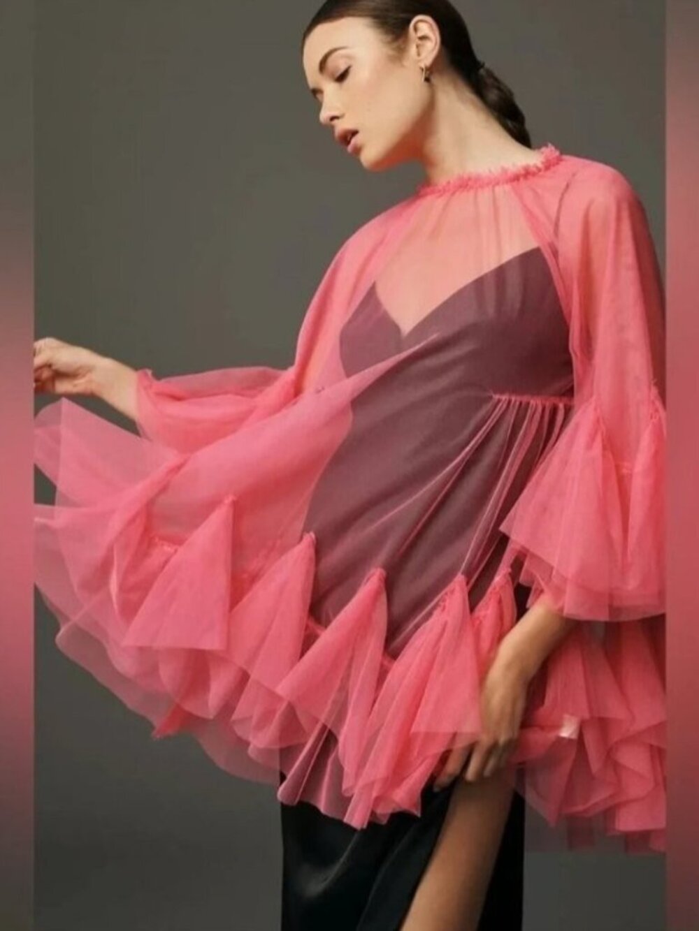 NWT Anthropologie Maeve Mini Tulle Layer in Hot Pink Sheer Mesh Tunic Dress S/M